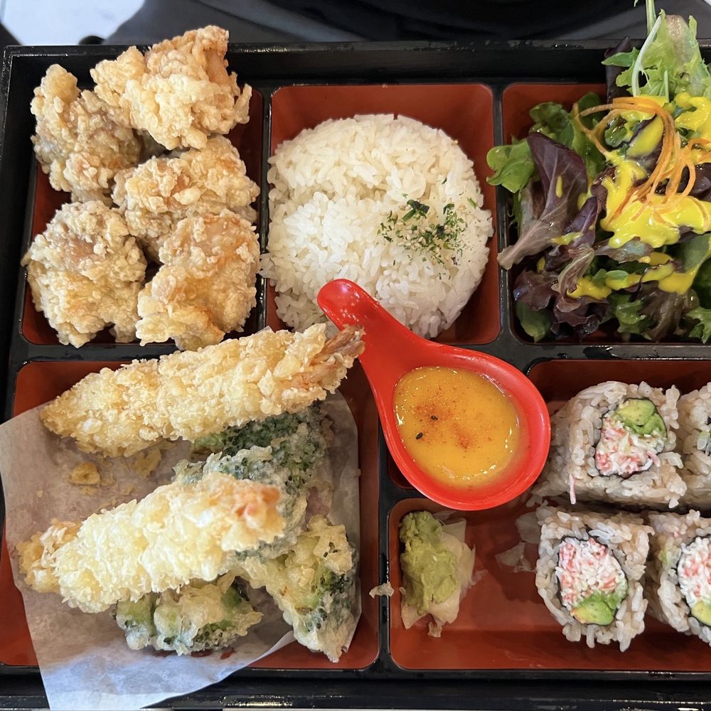 Hashi Gawa - 7/31/24 FYI, Three item dinner bento - chicken karaage, CA roll, Combo tempura - Japanese Near Me - Alameda, California