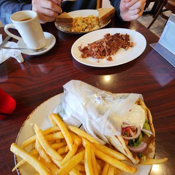 Deepwater Diner - Breakfast sampler with corned hash and home potatoes above and gyro below. - Diners Near Me - Penns Grove, New Jersey