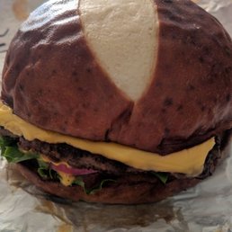 All American Burger with pretzel bun.