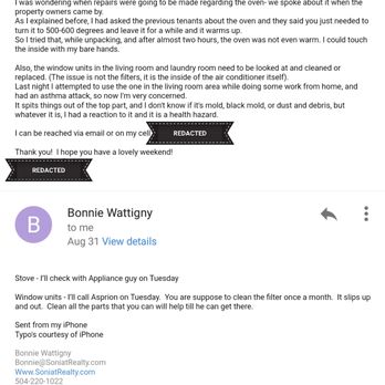 Soniat Realty - It took weeks to get A.C. repairmen out, we still have no A.C. and I'm having respiratory issues. - Property Management Near Me - New Orleans, Louisiana Soniat Realty - It took weeks to get A.C. repairmen out, we still have no A.C. and I'm having respiratory issues. - Property Management Near Me - New Orleans, Louisiana