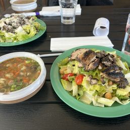Jamaican jerk chicken noodle and Cesar salad
