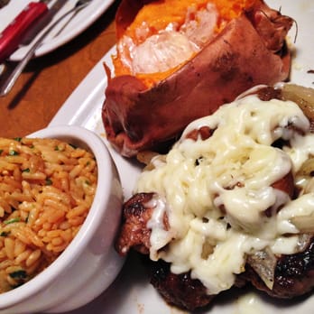 Texas Roadhouse - 10 oz. 'Road Kill' Chopped Steak with Seasoned Rice and Baked Sweet Potato (Early Dine menu)... - Barbeque Near Me - Tracy, California Texas Roadhouse - 10 oz. 'Road Kill' Chopped Steak with Seasoned Rice and Baked Sweet Potato (Early Dine menu)... - Barbeque Near Me - Tracy, California