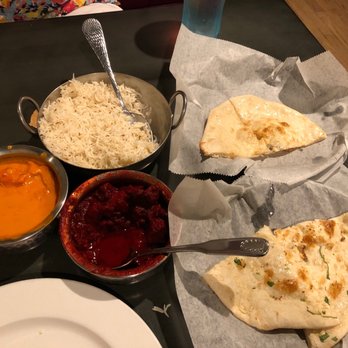 Cafe India - Lamb Vindaloo(Red), Chicken Malai(orange), rice, Naan(bread) - Indian Near Me - Visalia, California Cafe India - Lamb Vindaloo(Red), Chicken Malai(orange), rice, Naan(bread) - Indian Near Me - Visalia, California