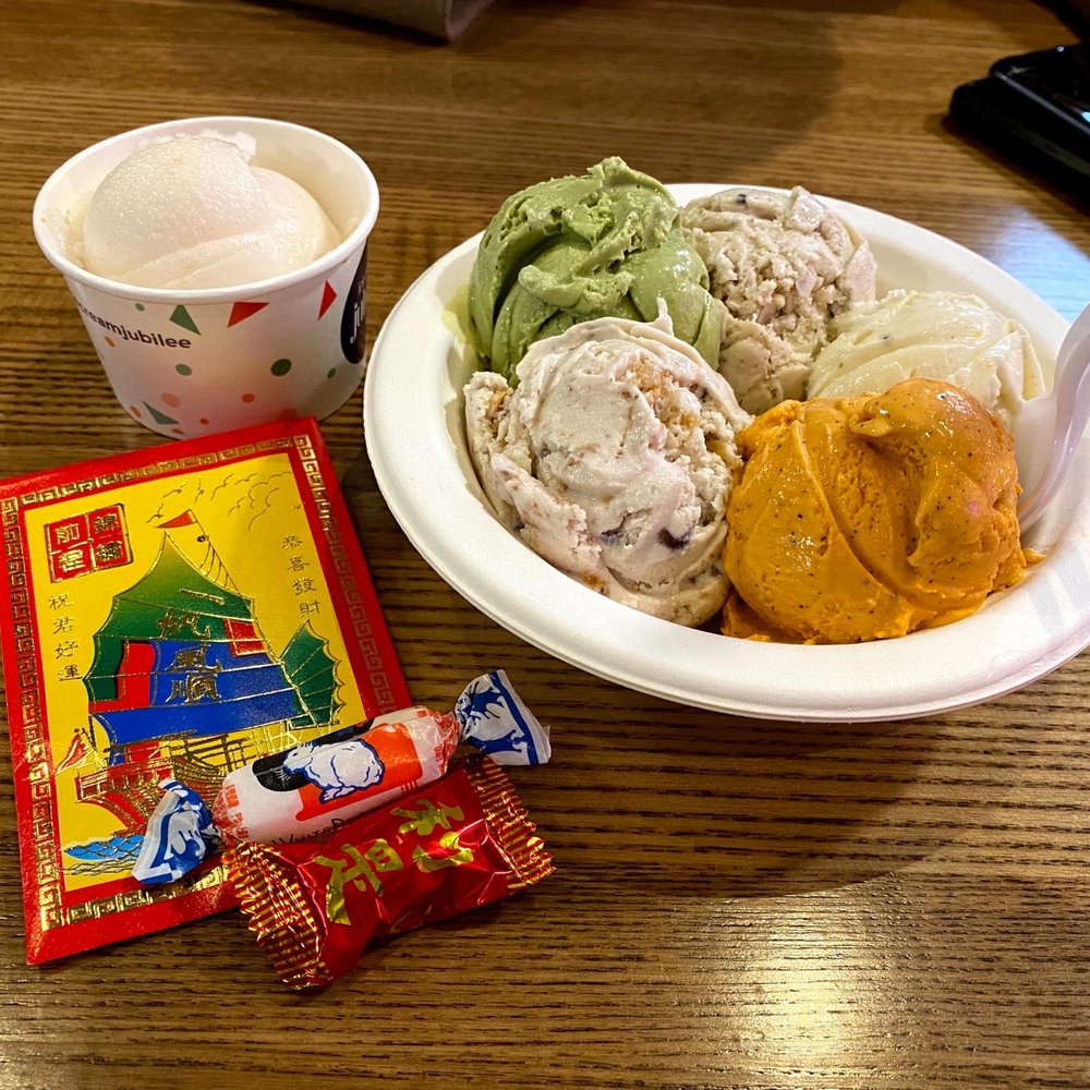 Ice Cream Jubilee - Lunar New Year Flight (thai tea, barley tea, red bean almond cookie, green tea, pear plum wine sorbet, and a flavor I forgot..) - Ice Cream & Frozen Yogurt Near Me - Arlington, Virginia