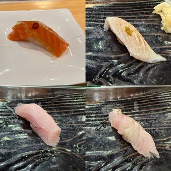 Sushi Shunka - Omakase (from top to bottom): ocean trout, engawa, buri, sea perch - Sushi Bars Near Me - Costa Mesa, California