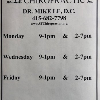 Mike Le, DC - Hours - Chiropractors Near Me - San Francisco, California Mike Le, DC - Hours - Chiropractors Near Me - San Francisco, California