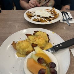 Chiliqueles bowl and chicken and waffles Benedict