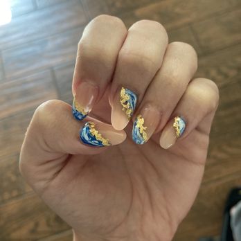 Embellish Nails Studio - Blue and gold acrylics - Nail Salons Near Me - Elk Grove, California