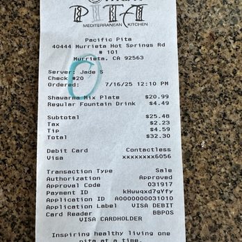 Pacific Pita - Receipt of what I paid for the mix plate, fountain drink, and tip. - Mediterranean Near Me - Murrieta, California Pacific Pita - Receipt of what I paid for the mix plate, fountain drink, and tip. - Mediterranean Near Me - Murrieta, California