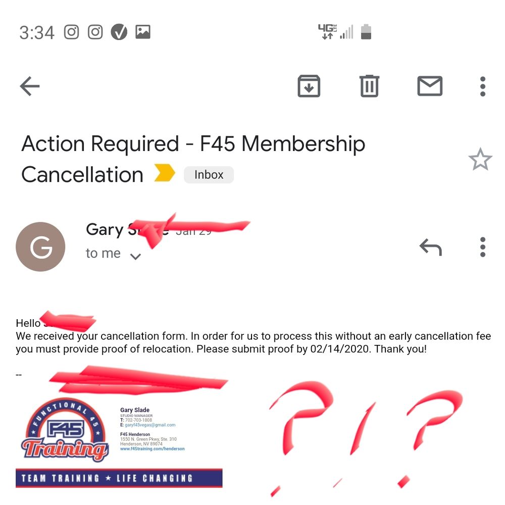 F45 Henderson - After manager said I can cancel after 3 wks they messaged demanding my home address??? - Trainers Near Me - Henderson, Nevada F45 Henderson - After manager said I can cancel after 3 wks they messaged demanding my home address??? - Trainers Near Me - Henderson, Nevada