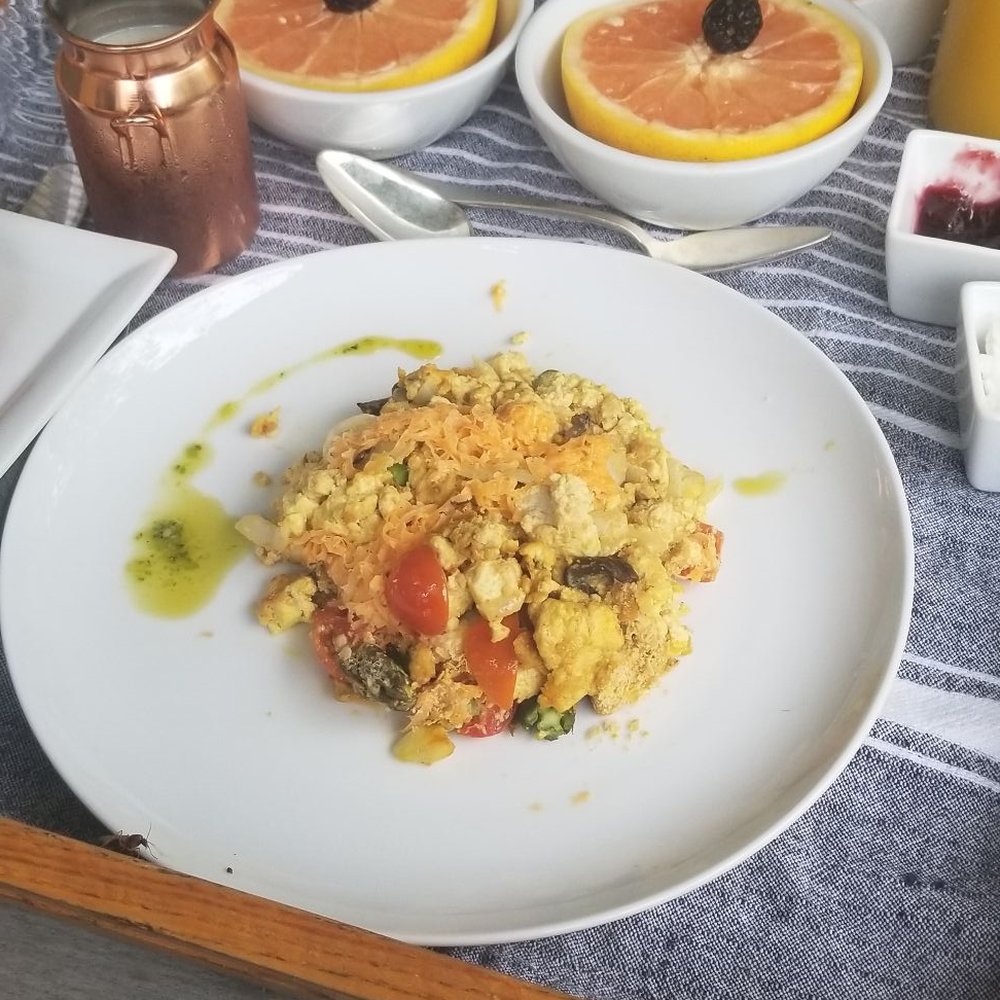 Park Lane Guest House - Fresh omelet from the chickens on site & a tofu scramble with almond cheese, both with fresh veggies. Oh and grapefruit from their tree! - Bed & Breakfast Near Me - Austin, Texas