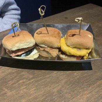 Sidecar Slider Bar - PB Jammin (with a Beyond patty instead of beef), salmon and fried chicken) - Burgers Near Me - Farmington, Michigan Sidecar Slider Bar - PB Jammin (with a Beyond patty instead of beef), salmon and fried chicken) - Burgers Near Me - Farmington, Michigan