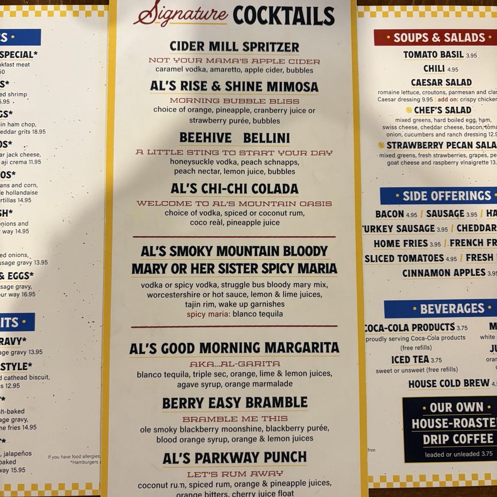 Over Easy Al's - Drink menu - Breakfast & Brunch Near Me - Gatlinburg, Tennessee Over Easy Al's - Drink menu - Breakfast & Brunch Near Me - Gatlinburg, Tennessee