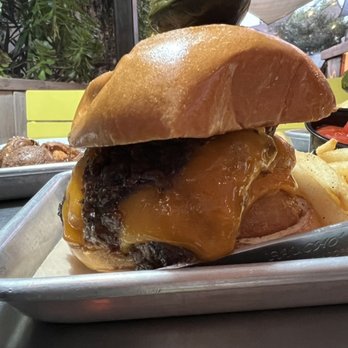 Pour Company - pour house burger: 2 patties with bourbon onion jam, cheddar cheese, herb mayo, bbq sauce, crispy onion + brioche bun $18 - New American Near Me - Fullerton, California