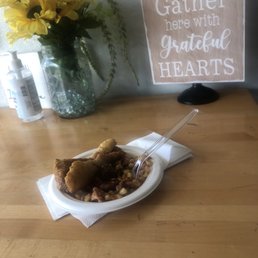 Comped fried catfish and steamed veggies.