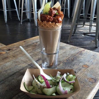 Parts&Labor - Chicken in a waffle cone and cucumber salad with the cilantro pre-mixed in - Vegan Near Me - Durham, North Carolina Parts&Labor - Chicken in a waffle cone and cucumber salad with the cilantro pre-mixed in - Vegan Near Me - Durham, North Carolina