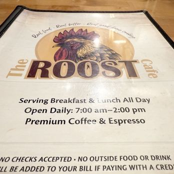The Roost Cafe - Menu - A printed menu from The Roost Cafe displays a rooster logo, business hours from 7:00 am to 2:00 pm, and information about breakfast, lunch, and coffee offerings. - Breakfast & Brunch Near Me - Chico, California