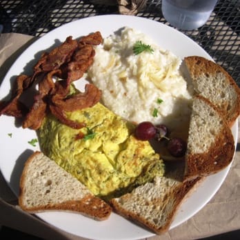 East End Eatery - My breakfast...basil pesto omelet, Gouda grits Gluten FREE toast and a side of thick extra well done bacon. YUM! - American Near Me - Gainesville, Florida East End Eatery - My breakfast...basil pesto omelet, Gouda grits Gluten FREE toast and a side of thick extra well done bacon. YUM! - American Near Me - Gainesville, Florida