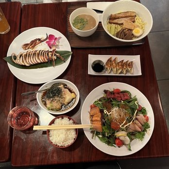 Ramen Show 2 - gyoza, agedashi tofu, sashimi salad, shio ramen, ikamaru (grilled squid) - Ramen Near Me - Las Vegas, Nevada