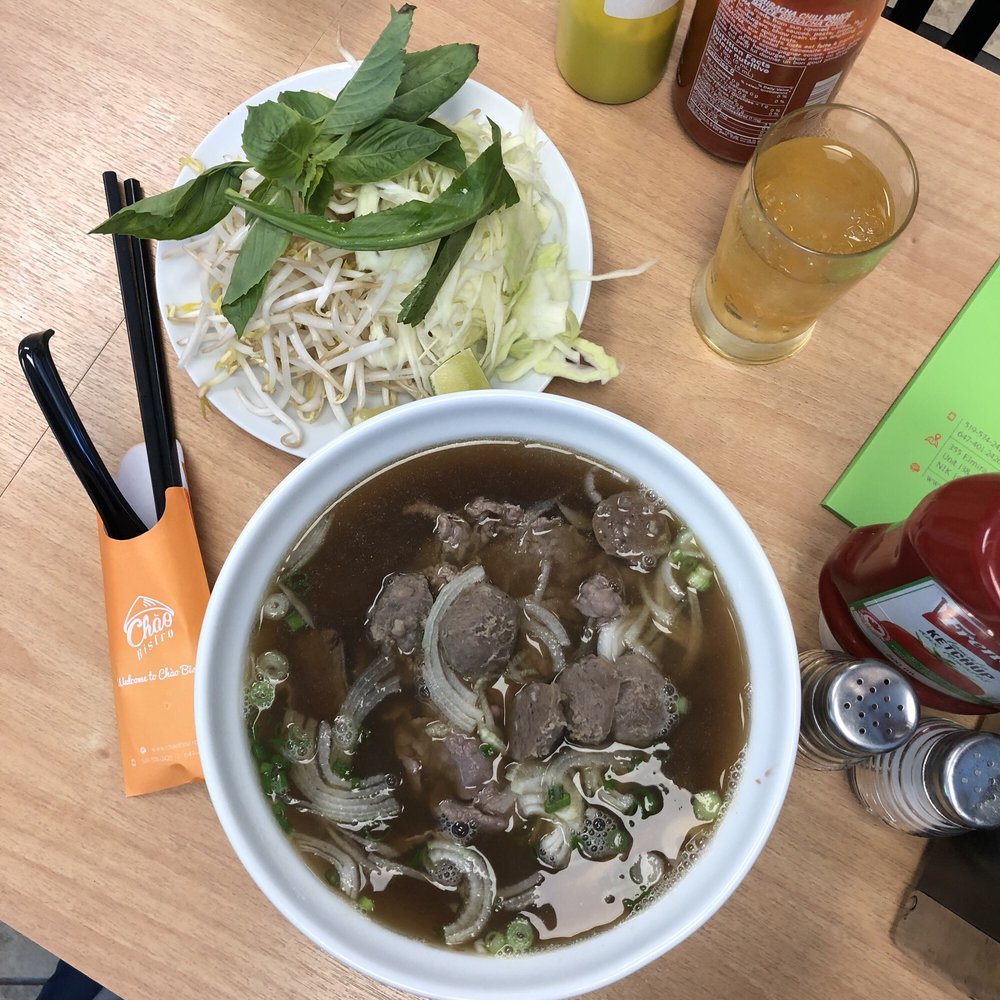 Chao Bistro - Pho w/ Beef Flank, rare beef, and beef balls- $9.95 for small and $2 to upgrade to a large. This is the large size - plenty for lunch. - Vietnamese Near Me - Guelph, Ontario Chao Bistro - Pho w/ Beef Flank, rare beef, and beef balls- $9.95 for small and $2 to upgrade to a large. This is the large size - plenty for lunch. - Vietnamese Near Me - Guelph, Ontario