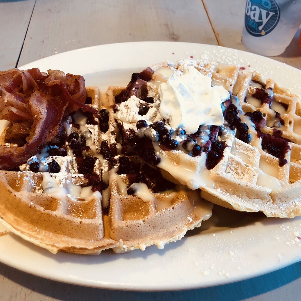 Bay Local Eatery - Two Fresh Blueberry waffles & Applewood Smoked Bacon - New American Near Me - Virginia Beach, Virginia Bay Local Eatery - Two Fresh Blueberry waffles & Applewood Smoked Bacon - New American Near Me - Virginia Beach, Virginia