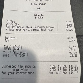 Lola's Diner - Bill - prices - remember more if credit card - Diners Near Me - Park Ridge, Illinois