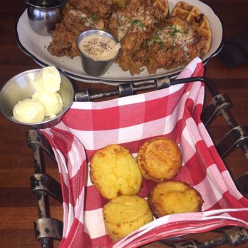 Moonshine Grill - Chicken and waffles and jalapeño cheddar corn bread - Southern Near Me - Austin, Texas