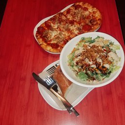 Sausage & Pepperoni Flatbread Pizza and BBQ Chicken Salad mmmm