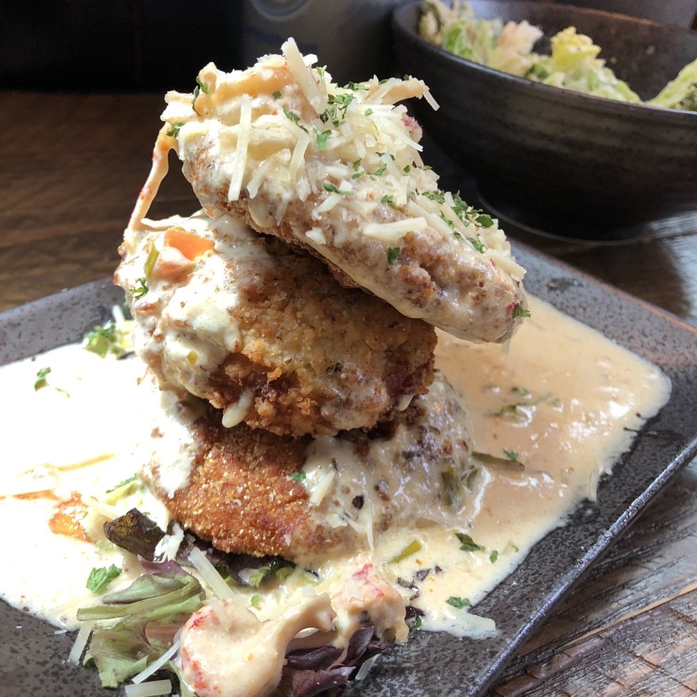 Georgia Blue - Crab cake, fried green tomatoes with crawfish cream - Southern Near Me - Madison, Mississippi