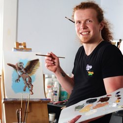 Endeavours & ThinkPlay  - Peter at work on a project for ThinkPlay. Using Gamblin and Kama oil paints in their studio.