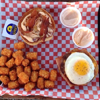 Cow Bells - Rise and Shine burger and tots with a side of Sexy Sauce and Spicy mayo. - Burgers Near Me