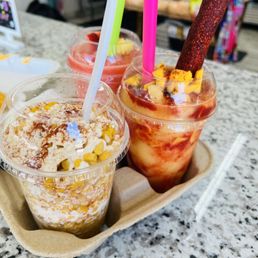 Elote, mangonada, &the rosy (strawberry raspberry, pineapple.