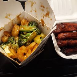 Chiu Kwan Kitchen - Shrimp and Broccoli and the best Chicken Sticks.