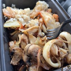 Genghis Grill - Create your own bowl with calamari, shrimp, crab, mushrooms, onions and rice with 3G sauce!