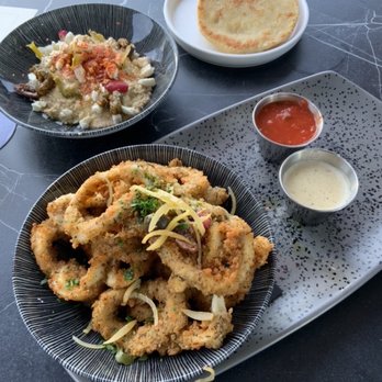Moon's Daughter - Thompson San Antonio - Calamari, Artichoke Hummus w/ Fresh Pita - Mediterranean Near Me - San Antonio, Texas Moon's Daughter - Thompson San Antonio - Calamari, Artichoke Hummus w/ Fresh Pita - Mediterranean Near Me - San Antonio, Texas