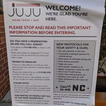 Juju - Juju's COVID-19 safety measures / rules. Very thorough. We felt very safe eating here. Best dine-in experience during the pandemic yet. - Tapas/Small Plates Near Me - Durham, North Carolina