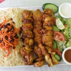 Afghan Star Charcoal Kebab House - 3 skewers of chicken with rice and salad only $15