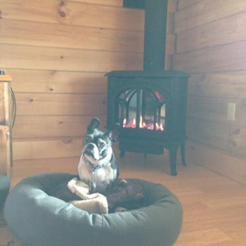 Muddy Moose Log Cabins - One of my pups enjoying her bed in front of the fire - Hotels Near Me - Morrisville, Vermont Muddy Moose Log Cabins - One of my pups enjoying her bed in front of the fire - Hotels Near Me - Morrisville, Vermont
