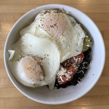 Hive - Cuban Breakfast Bowl. Eggs cooked to perfection, but overcooked rice and needs more flavor! - Comfort Food Near Me - Bloomington, Indiana