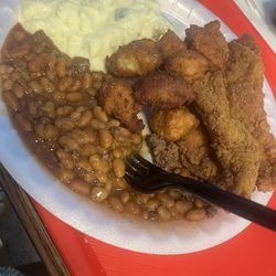 2pc catfish, hush puppies, potato salad, baked beans