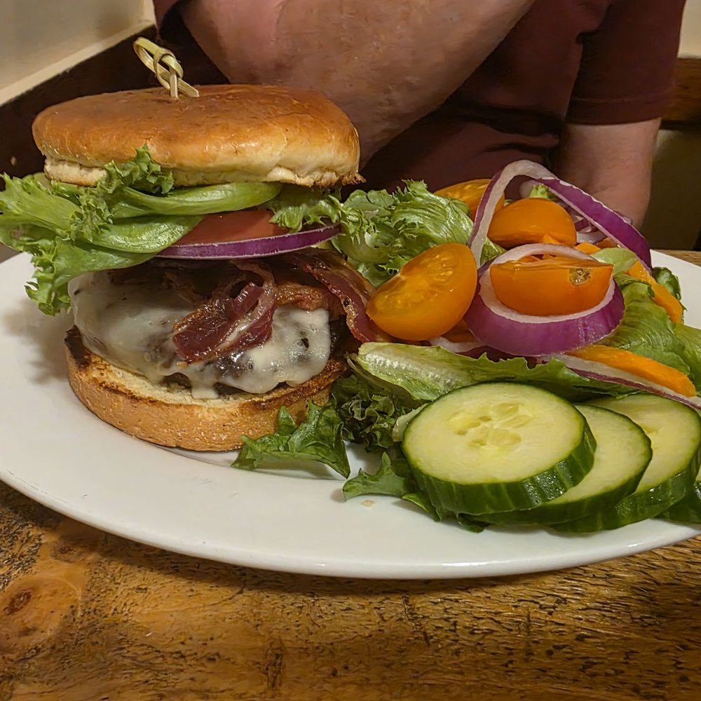Moogs Place - Burger with side salad - New American Near Me - Morrisville, Vermont