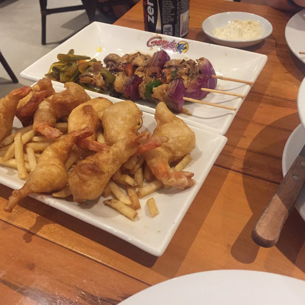 Shrimp and chip, chicken kebab