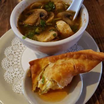 Thai Flavors - Tom Yum and (half) a crab-rangoon as a $3 lunch add-on. Delish! - Thai Near Me - Des Moines, Iowa Thai Flavors - Tom Yum and (half) a crab-rangoon as a $3 lunch add-on. Delish! - Thai Near Me - Des Moines, Iowa