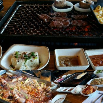 K-BBQ Factory - Prime rib top, banchan, seafood pork belly iron factory combo (bottom left), banchan for miles  (bottom right) - Korean Near Me - Duluth, Georgia