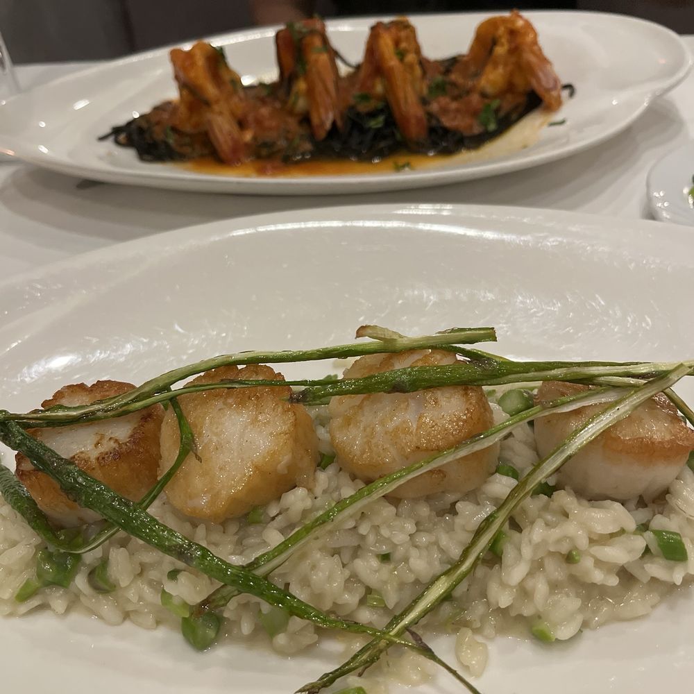 Scallops on risotto, shrimp on squid ink pasta Scallops on risotto, shrimp on squid ink pasta