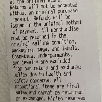 Miniso - Return and Exchange Policy on their receipt November 6, 2021 - Home Decor Near Me - Sacramento, California Miniso - Return and Exchange Policy on their receipt November 6, 2021 - Home Decor Near Me - Sacramento, California