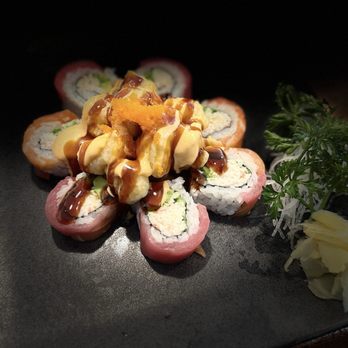 Harumi Sushi - Carnation. The amazing dish with crab meat, avocado, tuna, salmon / deep fried scallop, tobiko, spicy mayo & unagi sauce. - Japanese Near Me - Zephyr Cove, Nevada Harumi Sushi - Carnation. The amazing dish with crab meat, avocado, tuna, salmon / deep fried scallop, tobiko, spicy mayo & unagi sauce. - Japanese Near Me - Zephyr Cove, Nevada