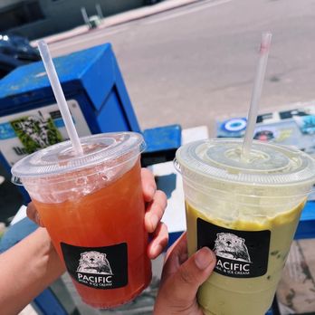 Pacific Bean Coffee - Left: Strawberry Black Iced Tea (small size) Right: Vanilla Rose Matcha (small size) - Coffee & Tea Near Me - San Diego, California Pacific Bean Coffee - Left: Strawberry Black Iced Tea (small size) Right: Vanilla Rose Matcha (small size) - Coffee & Tea Near Me - San Diego, California