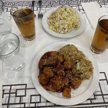 Yau's Chinese Bistro - *Small* sesame tofu with fried rice (front) and *small* salted fish chicken fried rice (back) with hot green teas - Chinese Near Me - Columbus, Ohio