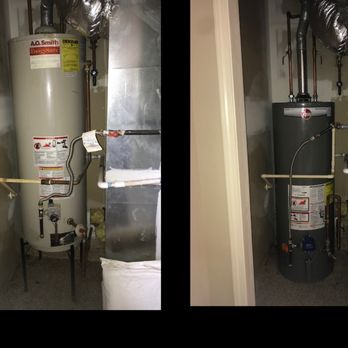 Good Ol'Boys Plumbing - water heater (gas) replacement and pipes/connections modifications.  Left is old heater. Right is the new one - Plumbing Near Me - Alpharetta, Georgia